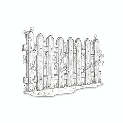 Charming hand-drawn illustration of a rustic wooden picket fence with climbing ivy, evoking a sense of tranquil garden beauty and natural growth, perfect for design projects and decor