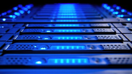 cables. Close-up view of illuminated server components in a data center with cool blue lighting. product launch decks, UI/UX mockups, designed for data visualization dashboards and holographic UIs.