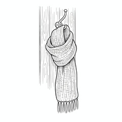 Black and white illustration of a cozy knitted scarf with fringe, hanging on a metal hook against a wooden wall, representing warmth for cold weather
