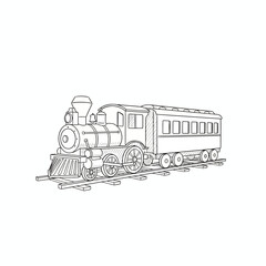 Vintage steam engine on railway tracks, a retro train journey concept in monochrome outline drawing for historical transportation themes and classic charm