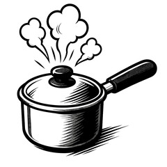 Vintage black and white illustration of steaming saucepan in engraving style for retro cooking or culinary prints