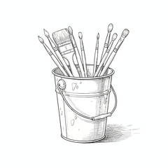Hand-drawn sketch of an artist's bucket brimming with various paintbrushes, ready for creative expression and imaginative painting projects