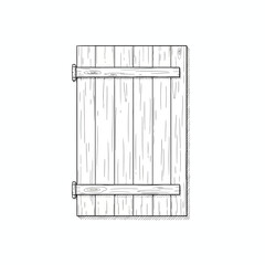 Detailed line art illustration of a classic rustic wooden window shutter, featuring vertical planks and traditional hardware, ideal for architectural designs and vintage concepts