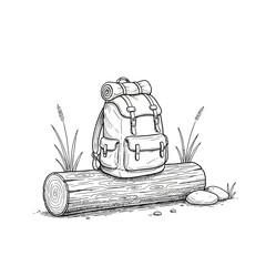 Classic outdoor backpack illustration, artistically placed on a rustic log, symbolizing the call of nature, the spirit of adventure, and the anticipation of a wilderness journey