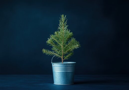 Mini Christmas tree in a metal bucket against dark blue background, fresh and natural, creating an elegant festive greenery vibe