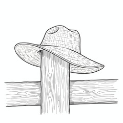 Hand-drawn illustration of a wide-brimmed straw hat casually resting on a rustic wooden fence post, evoking the tranquil spirit of rural summer days and outdoor leisure