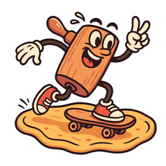 Cartoon wooden rolling pin skating on dough in fun retro comic style with bright colors for baking and kitchen humor