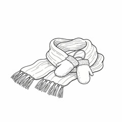 Hand-drawn illustration of cozy winter accessories, featuring a striped scarf with fringe and a pair of warm mittens, perfect for cold weather comfort and style