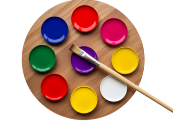 Vibrant watercolor palette with brush for artistic creation and painting projects isolated on transparent background