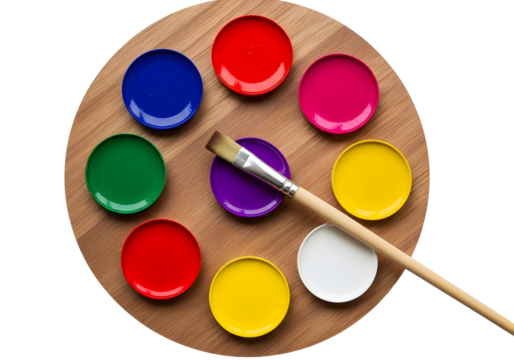 Vibrant watercolor palette with brush for artistic creation and painting projects isolated on transparent background