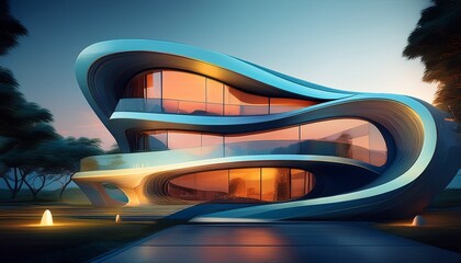 futuristic house with sleek curved architecture and extensive glass walls