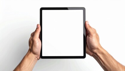 A person's hands holding a clean and modern tablet mockup displaying a blank corporate presentation slide template on a white background.