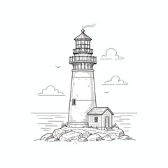Crisp line art illustration of a classic lighthouse on a rocky island, an unwavering beacon of guidance and safety for maritime navigation across the ocean