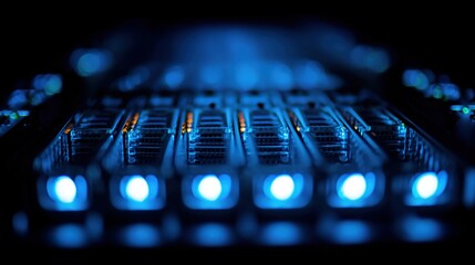 cables. Close-up view of illuminated server components in a data center with cool blue lighting. product launch decks, UI/UX mockups, designed for data visualization dashboards and holographic UIs.