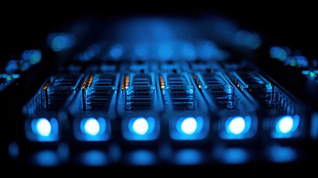 cables. Close-up view of illuminated server components in a data center with cool blue lighting. product launch decks, UI/UX mockups, designed for data visualization dashboards and holographic UIs.