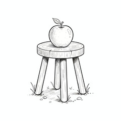Hand-drawn sketch of a fresh apple resting atop a rustic wooden stool, capturing a simple and natural scene with a charming, illustrative style