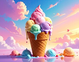 Pastel Ice Cream Cone in Dreamy Sunset Landscape