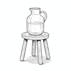 Hand-drawn sketch illustration of a transparent glass pitcher holding water, positioned on a small wooden stool, offering a clean, classic, and elegant monochrome visual
