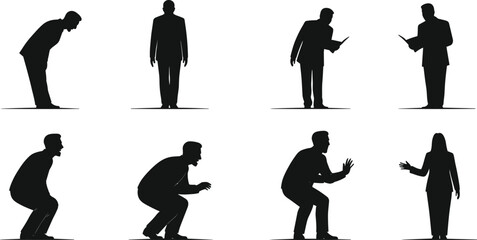 Human silhouette poses, standing, sitting, crouching, reading, gesturing, expressive body language illustration, character design reference, posture study, animation art