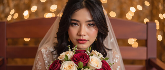 Elegant bride holding bouquet of red and white roses, with soft focus background of warm lights, exuding beauty and grace