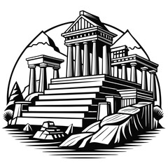 Monochromatic line art illustration of ancient ruins and architectural structures