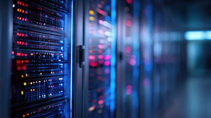 cables. Close-up view of illuminated server components in a data center with cool blue lighting. product launch decks, UI/UX mockups, designed for data visualization dashboards and holographic UIs.