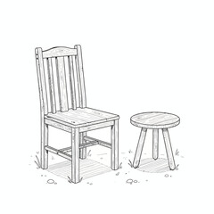 Detailed line art illustration featuring a traditional wooden backrest chair and a compact three-legged stool, rendered with a vintage, handcrafted aesthetic, perfect for design concepts