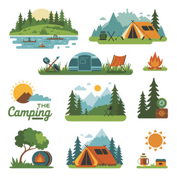 Camping and Outdoor Adventure Vector Collection: Flat Color and Outline Icons Set with Forest, Mountain, and Camp Equipment