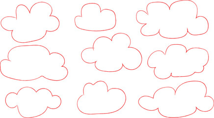 Whimsical red cloud outlines floating on white for creative projects, adding a touch of fun and imagination to your designs with playful sky elements