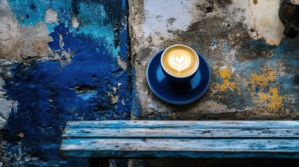 Cappuccino, heart art, rustic bench, blue wall, cafe
