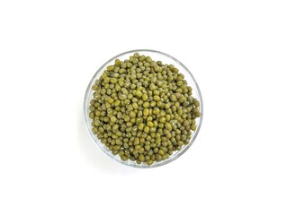 Fresh mung beans in bowl isolated on white background 