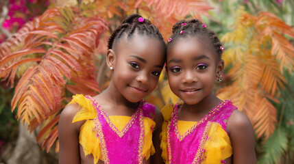 Adorable Girls in Bright Pink and Yellow Costumes Smiling during Saint Kitts Carnival Children’s Parade Celebration