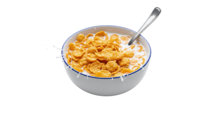 Bowl of cornflakes with milk isolated on transparent background, a quick and easy breakfast option, perfect for a busy morning, closeup shot