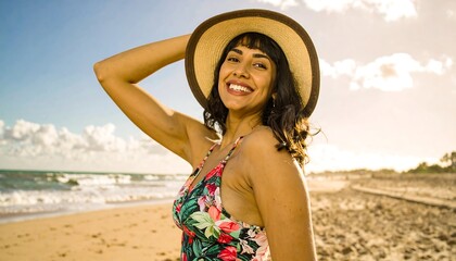 Woman smiles on beach