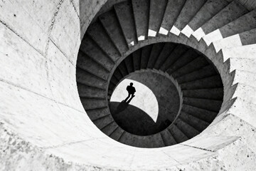 Fototapeta premium Silhouette of a person ascending a spiral staircase in black and white