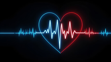 Close-up vibrant EKG heart rhythm graphic animation, pulsing red and blue on black background,   vitality,  science