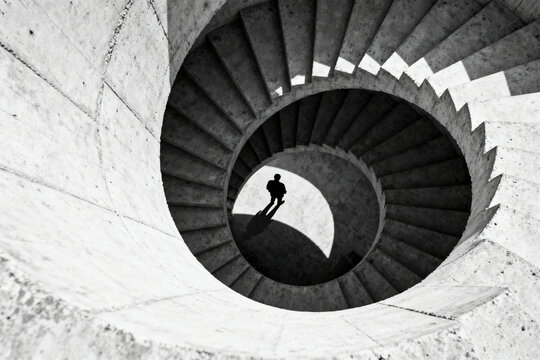 Silhouette of a person ascending a spiral staircase in black and white - Powered by Adobe