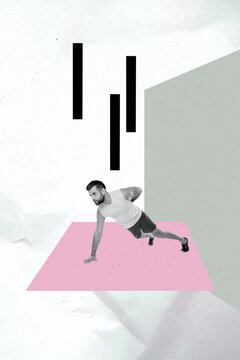 Composite zine art pop trend collage of serious sportsman do push-ups determination body care healthcare gym coach slimming