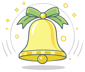 Cartoon Illustration of a Golden Bell Decorated with a Green Ribbon and Celebration Sparkles for Festive Occasions