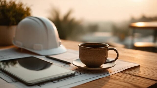 Worksite Morning Ritual: An engineer's desk setting on a beautiful day. A hardworking professional, ready to tackle the day's challenges.