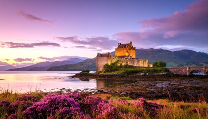 Ethereal castle at sunset over loch