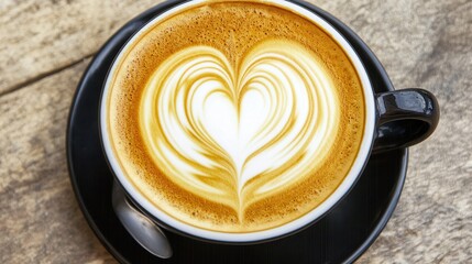 Latte art heart, coffee cup, wood table, cafe background, menu
