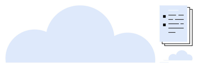 Cloud icon alongside stack of documents, representing digital storage, file sharing, data management, online collaboration. Ideal for cloud computing, backup, organization, security simplicity