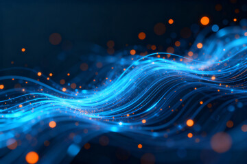 Abstract blue wave pattern with glowing particles and light trails on a dark background