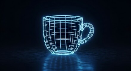 Glowing wireframe mug on a dark reflective surface creates a futuristic and technological aesthetic design element