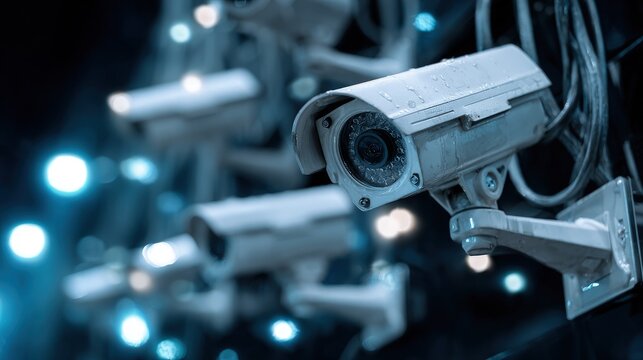 Multiple Security Cameras In Dark Setting With Water Droplets