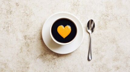 Coffee, heart, lemon, saucer, spoon, table, top view, breakfast