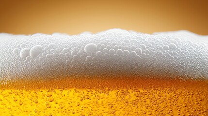 Close up of beer foam and bubbles on golden lager with white background.