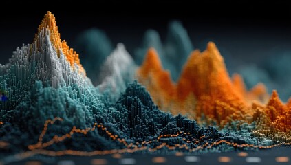 Dynamic 3D data visualization with vibrant orange and teal peaks representing growth and trends, perfect for financial reports and tech presentations.