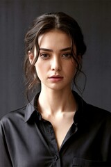 Portrait Of A Young Woman In Black Shirt Looking Calmly At Camera For Studio Stock
